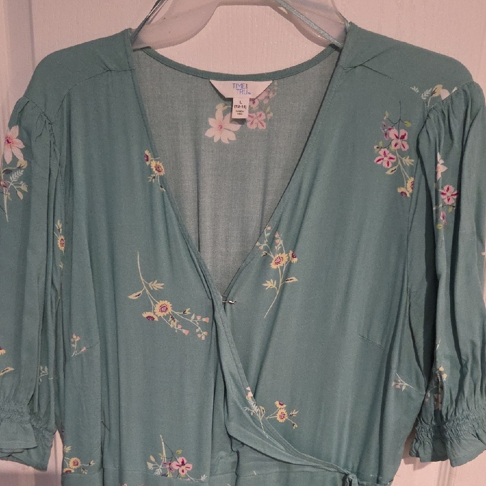 Time and Tru Teal Floral Tie-Waist Wrap Blouse